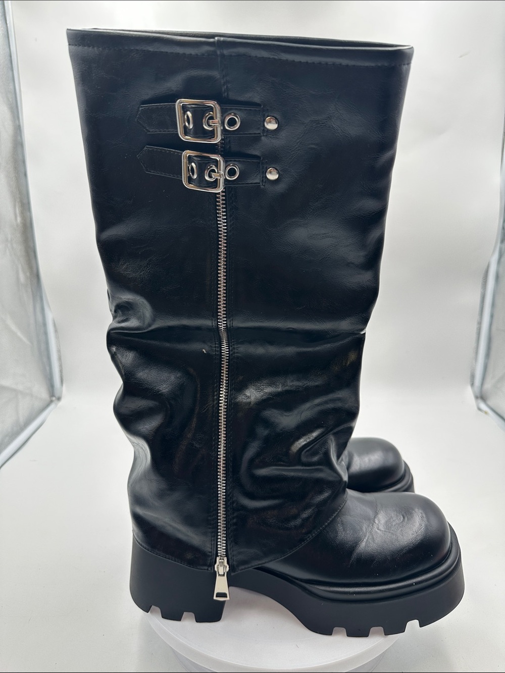 Chunky Black Leather Knee Boots with Buckle Detail